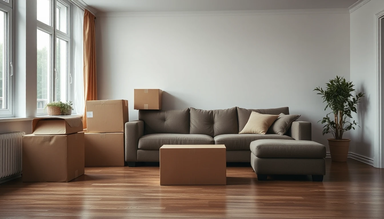 KI-Symbolbild: Ein halb gepacktes Wohnzimmer mit grauem Sofa und mehreren schlichten Umzugskartons an der Wand.