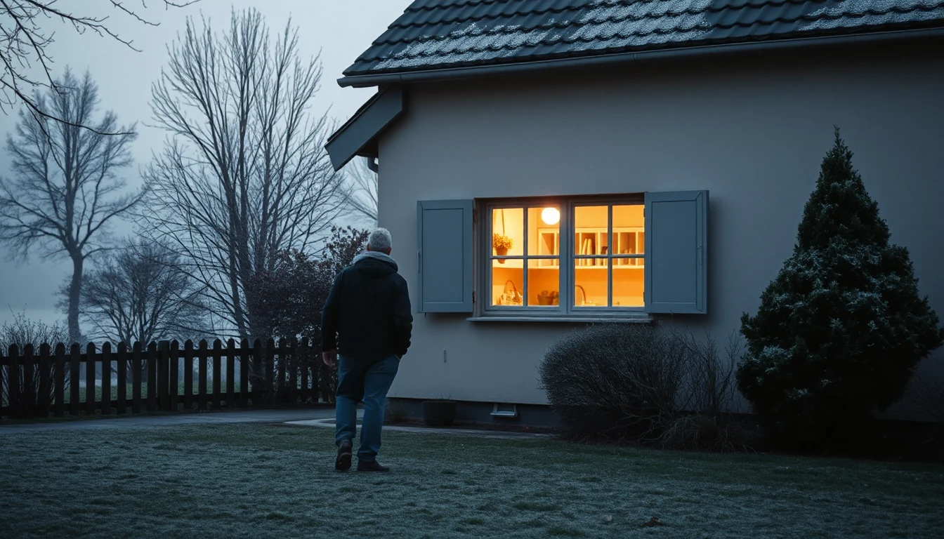 KI-Symbolbild: Ein Mann geht von hinten gesehen über einen frostigen Rasen an einem Haus mit erleuchtetem Küchenfenster in der Morgendämmerung vorbei.