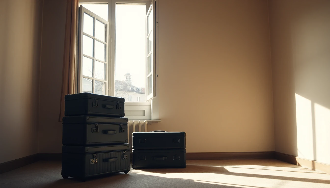 KI-Symbolbild: Gestapelte Koffer stehen in einem leeren Zimmer vor einem weit geöffneten Fenster, durch das Sonnenlicht fällt.
