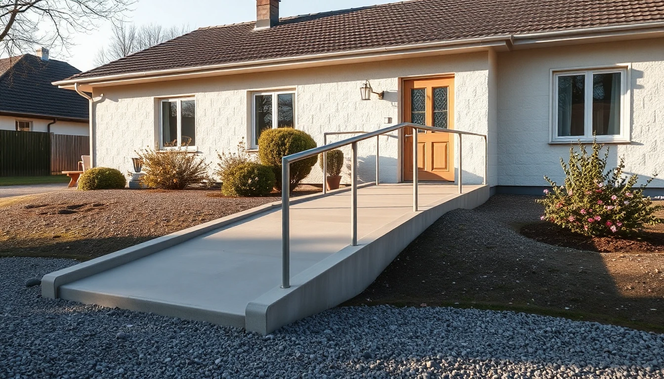 KI-Symbolbild: Eine flache Betonrampe mit Metallhandlauf führt über Kies zur Haustür eines weißen Bungalows.