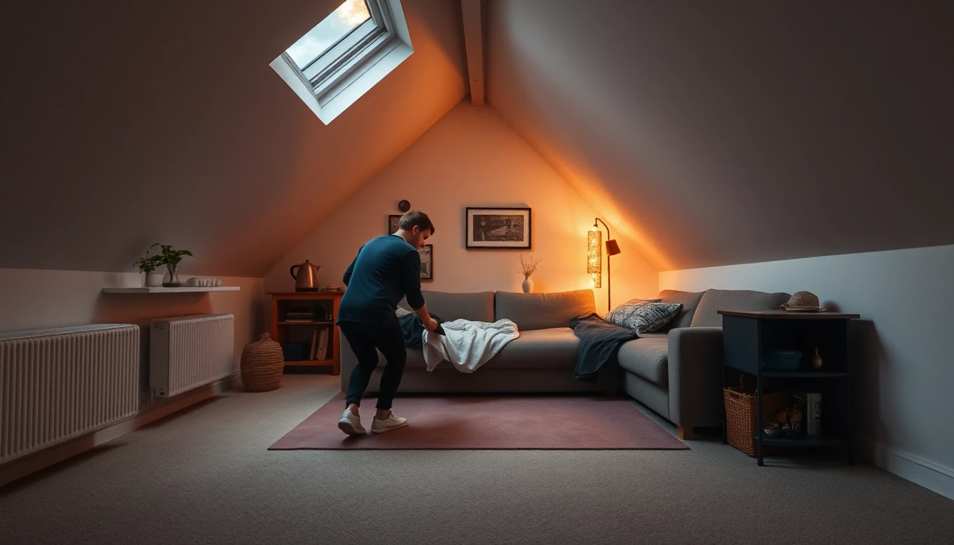 KI-Symbolbild: Ein Mann richtet in einem ausgebauten Dachzimmer mit Dachfenster und Wasserkocher ein Schlafsofa her.