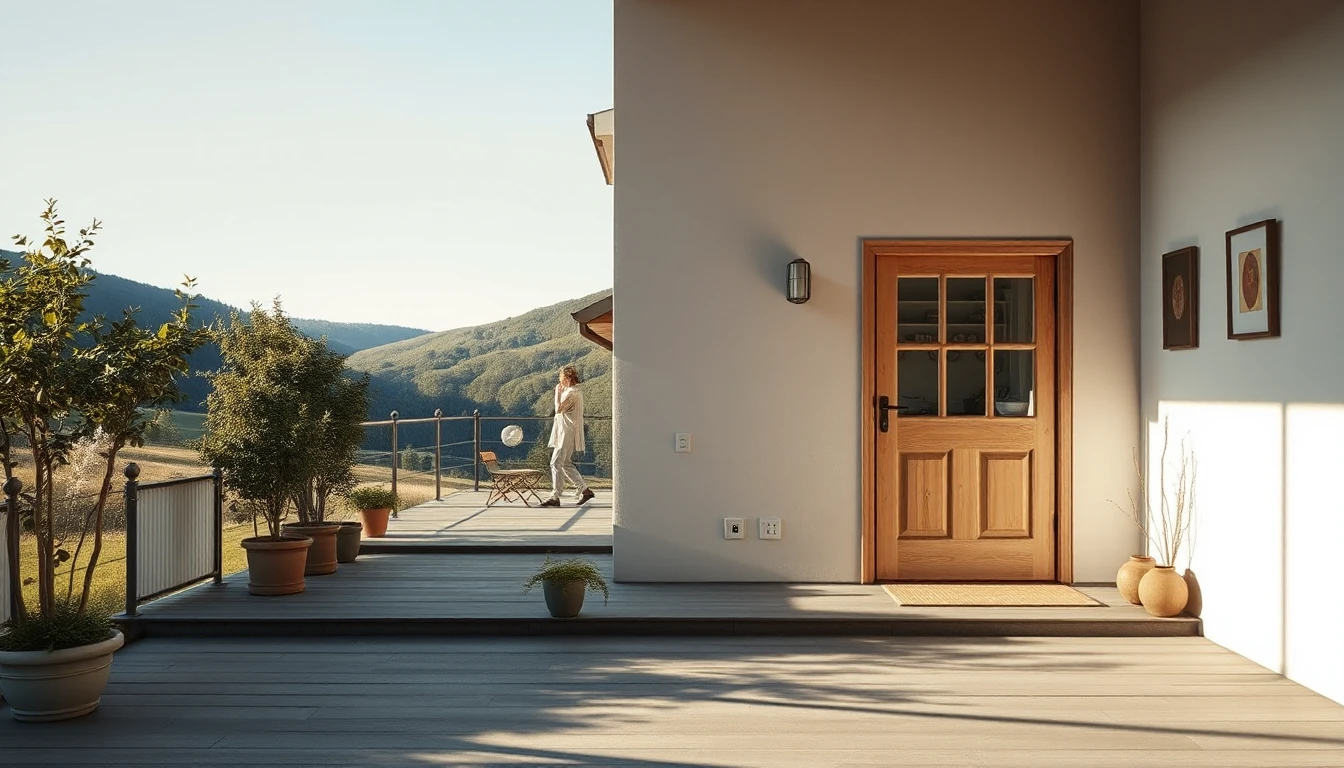 KI-Symbolbild: Eine Terrasse vor einer Holztür im Erdgeschoss eines Hauses, dahinter grüne Hügel, eine Person steht klein in der Ferne.
