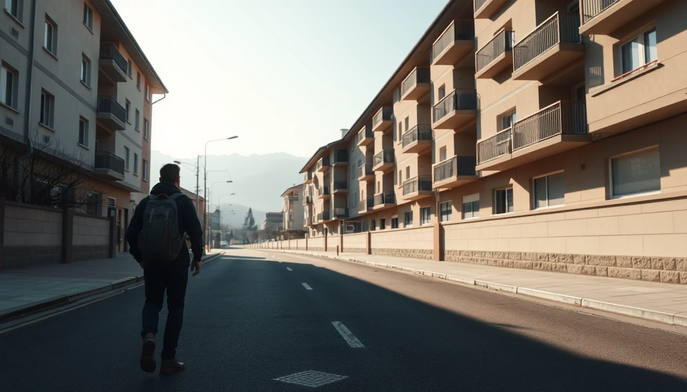 KI-Symbolbild: Eine Person mit Rucksack geht von hinten gesehen eine leere Straße zwischen Wohnhäusern Richtung Berge entlang.