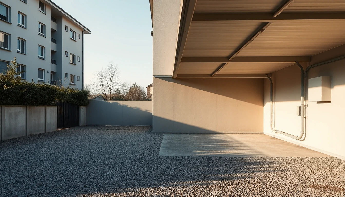 KI-Symbolbild: Ein leerer Carport hinter einem Wohnhaus mit einer Leitung an der Wand, die zu einem schlichten Wandkasten führt.