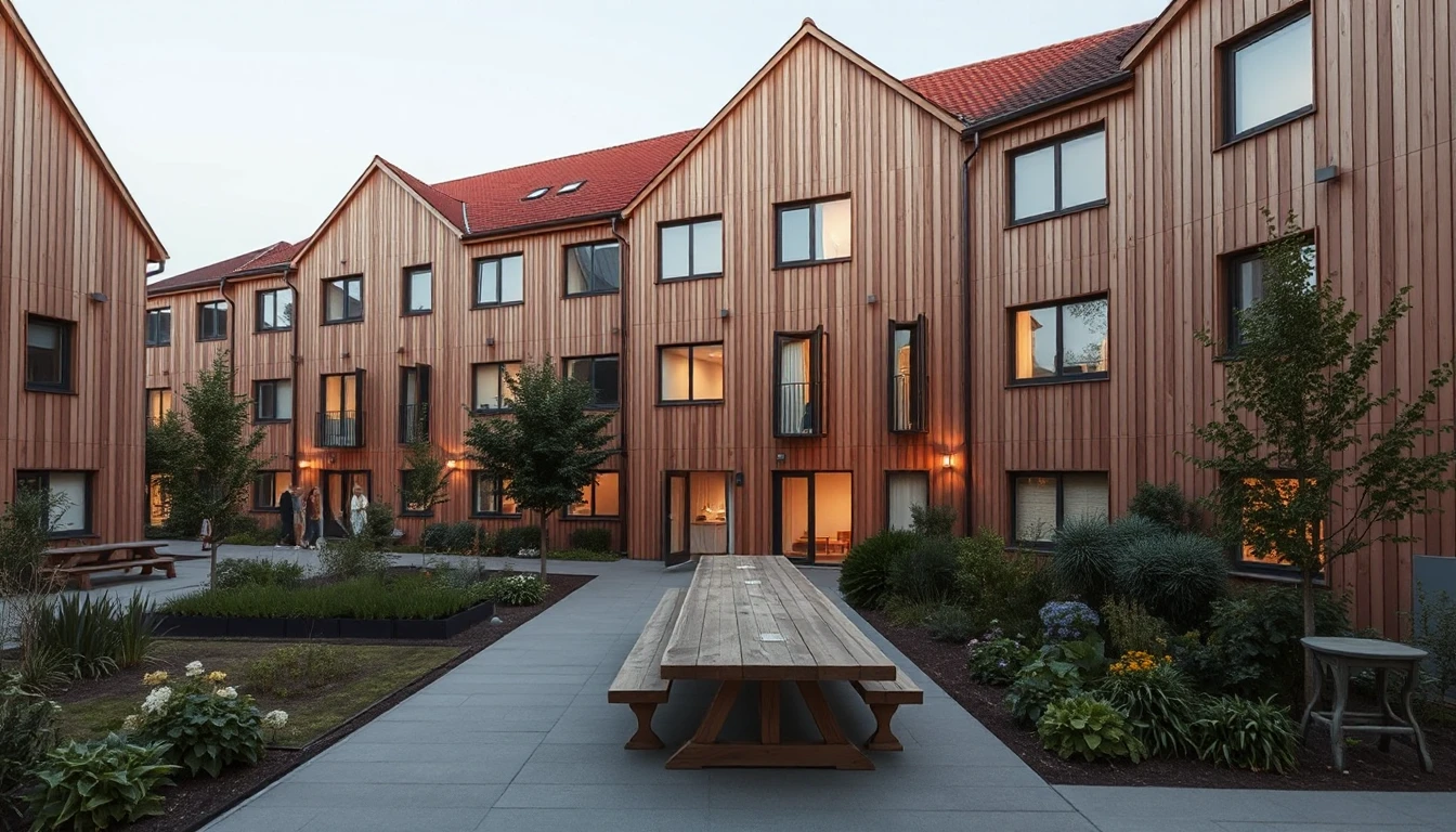 KI-Symbolbild: Ein Innenhof zwischen holzverkleideten Wohnhäusern mit Gemeinschaftsgarten und langem Holztisch, Bewohner stehen klein im Hintergrund.