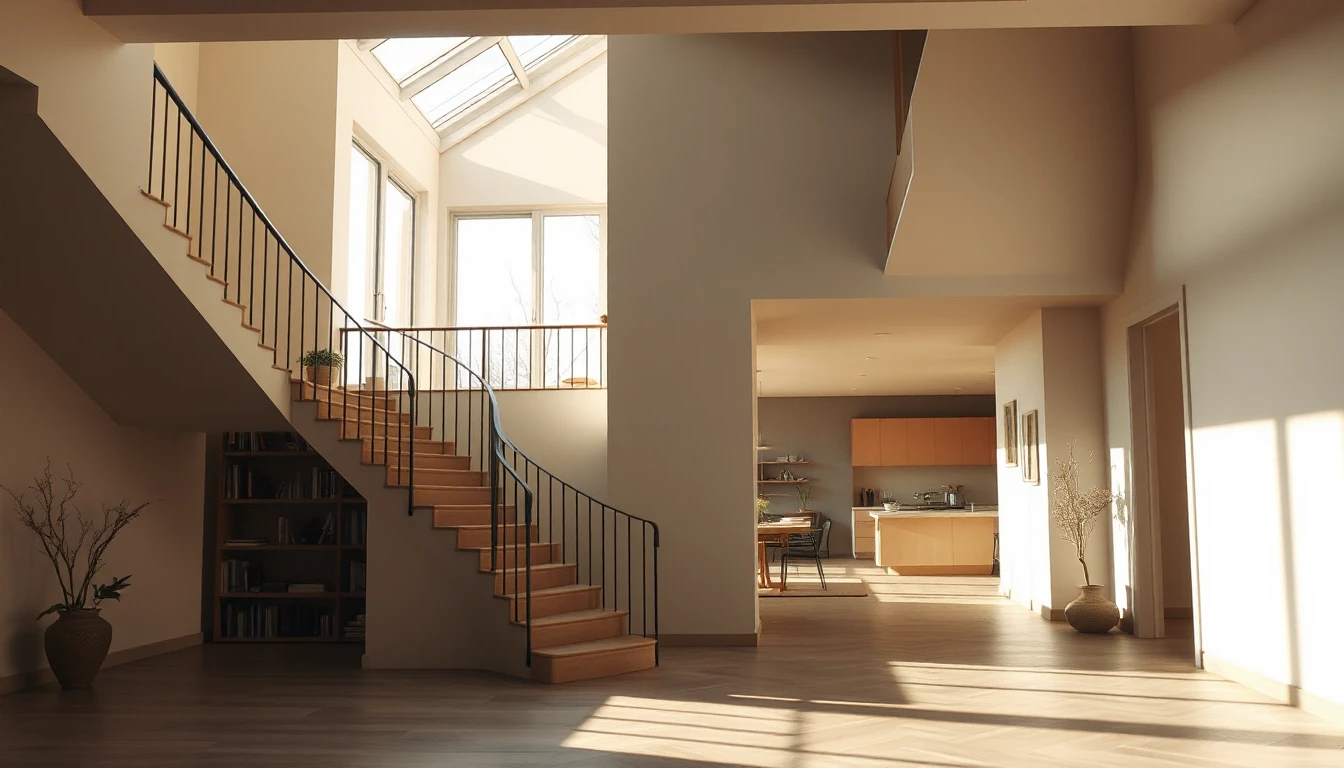 KI-Symbolbild: Eine helle Diele mit geschwungener Treppe und Bücherregal darunter, dahinter ein sonniger Wohn- und Küchenbereich.