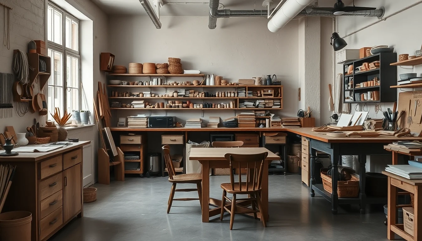 KI-Symbolbild: Kleine Handwerkswerkstatt mit einem Tisch und Stuehlen als Beratungsplatz, im Hintergrund Werkbaenke und Regale mit Materialien.