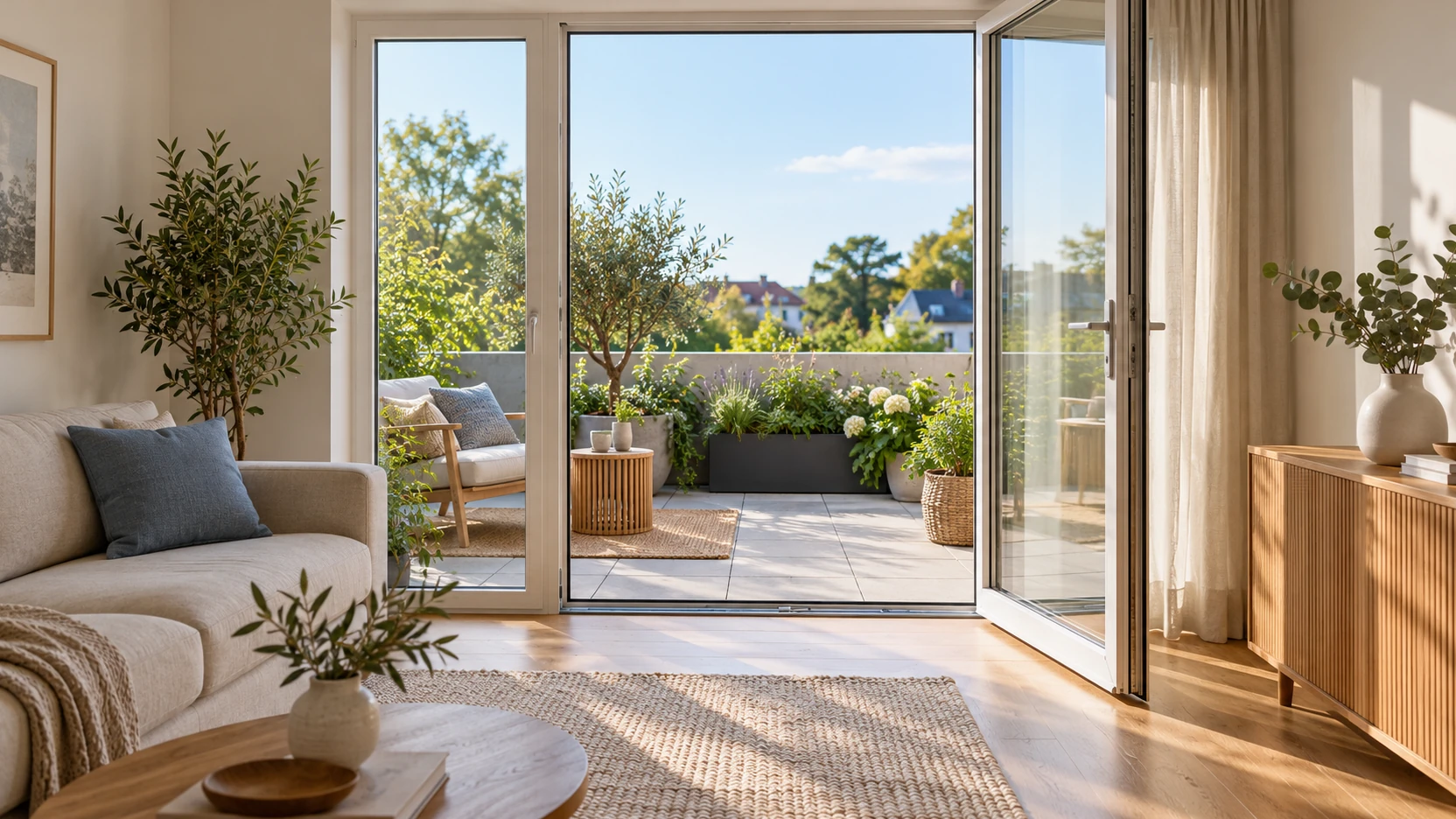 KI-Symbolbild: Wohnraum mit geöffneter Glastür und direktem Zugang auf eine bepflanzte Terrasse.