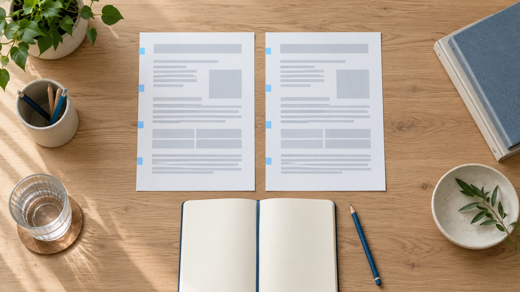 KI-Symbolbild: Zwei neutral gestaltete Dokumentfassungen mit passenden blauen Randmarkierungen liegen neben einem leeren Notizbuch auf einem Schreibtisch.