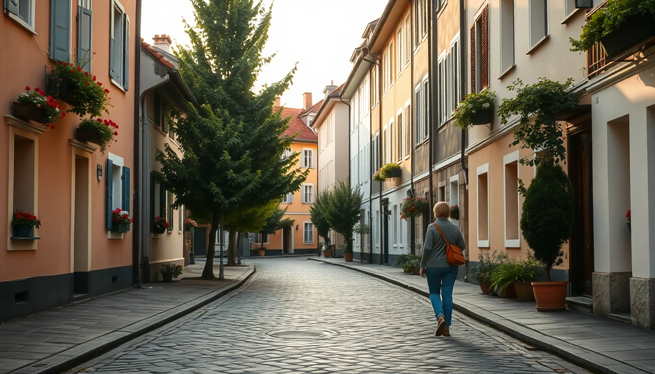 KI-Symbolbild: Ruhige Gasse in einer österreichischen Kleinstadt mit Pastellhäusern, Blumenkästen und Kopfsteinpflaster; eine Person mit Umhängetasche geht von uns weg.