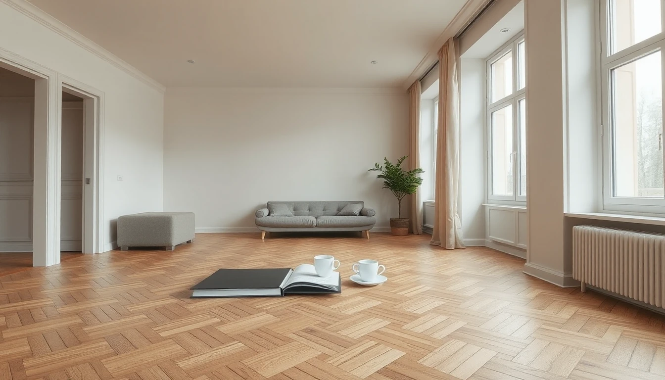 KI-Symbolbild: Heller leerer Altbauraum mit Parkett, hohen Fenstern und einem Sofa, davor eine dunkle Mappe und zwei weiße Tassen auf dem Boden.
