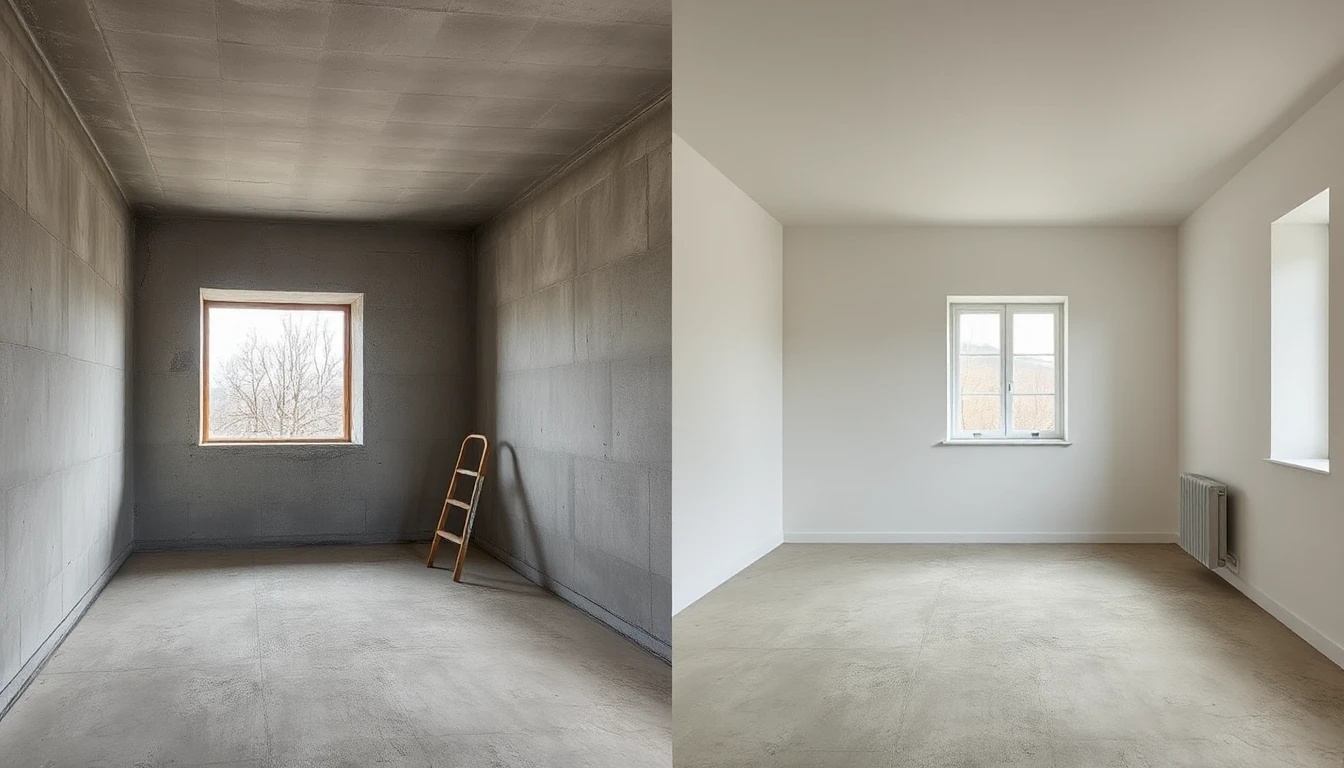 KI-Symbolbild: Zweigeteilter Vergleich desselben Raums, links Betonrohbau mit Fensteroeffnung und Leiter, rechts verputzte Waende mit eingebautem Fenster und Heizkoerper.