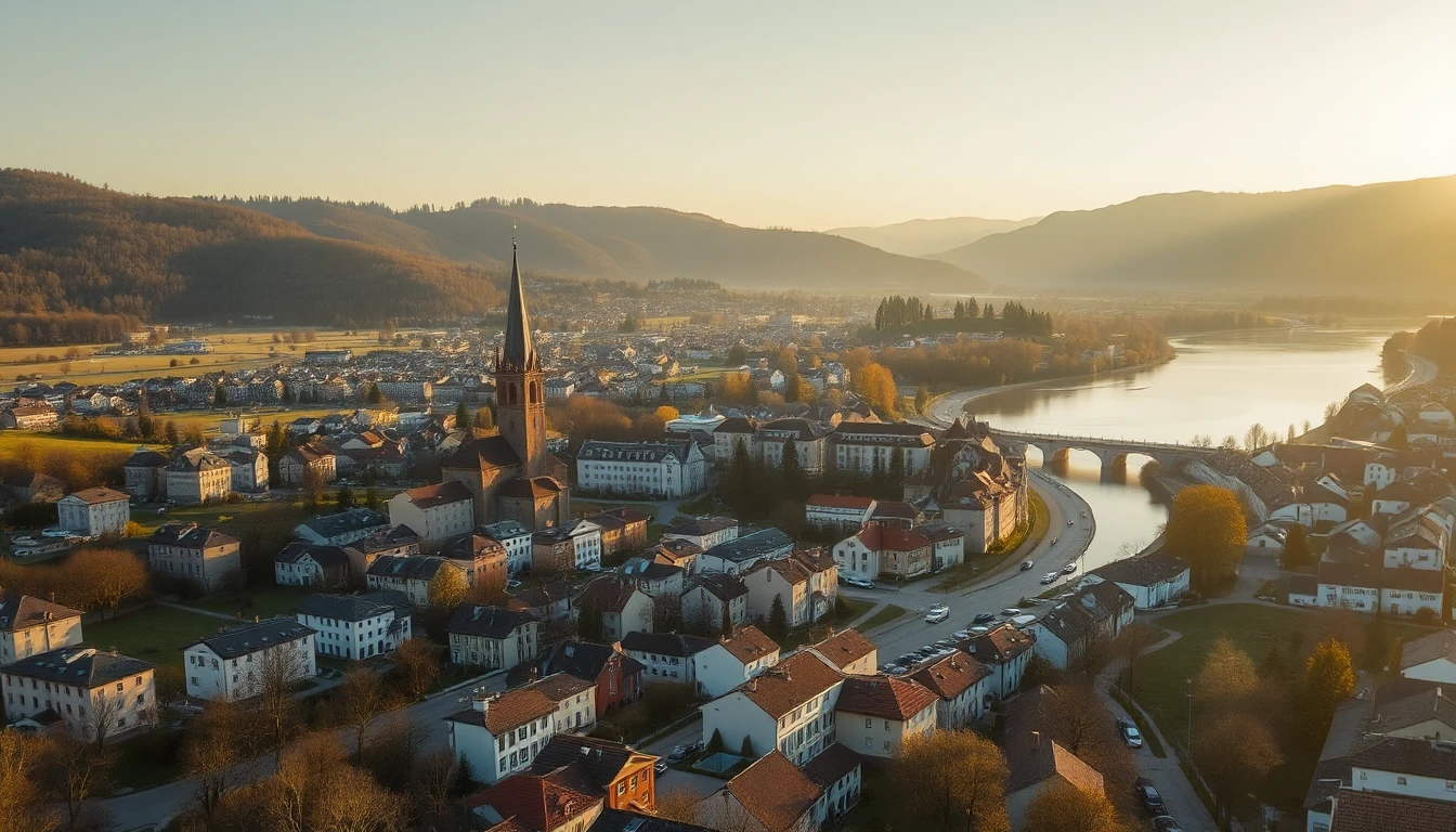 KI-Symbolbild: Luftaufnahme einer mittelgroßen österreichischen Stadt im Abendlicht mit Kirchturm, Fluss mit Brücke, getrennten Wohnvierteln und grünen Hügeln im Hintergrund.