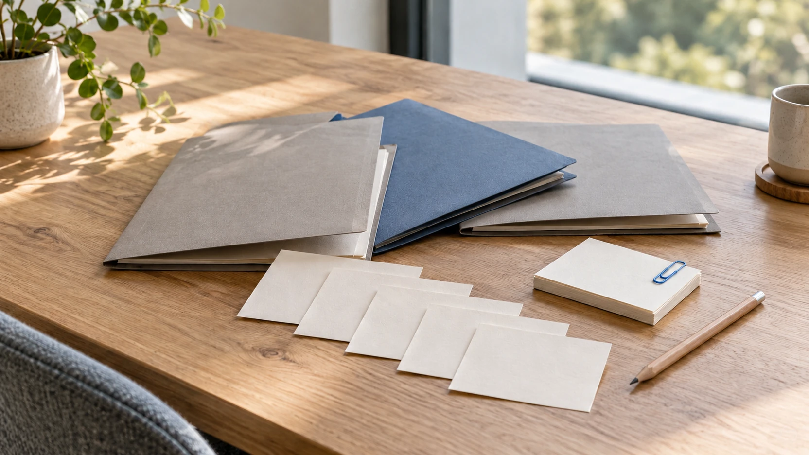 KI-Symbolbild: Neutrale Arbeitsmappen und leere Karten für einen sachlichen Jahresrückblick auf einem Holztisch.