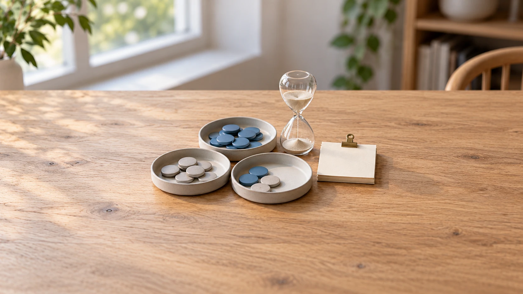 KI-Symbolbild: Blaue und graue Planungsplättchen in drei Schalen, eine Sanduhr und leere Karten auf einem hellen Holztisch.
