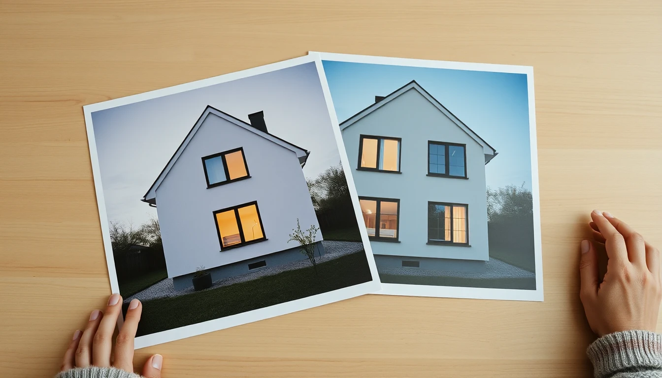 KI-Symbolbild: Zwei gedruckte Fotos desselben weißen Hauses mit beleuchteten Fenstern liegen nebeneinander auf einem hellen Holztisch, links und rechts je eine Hand.