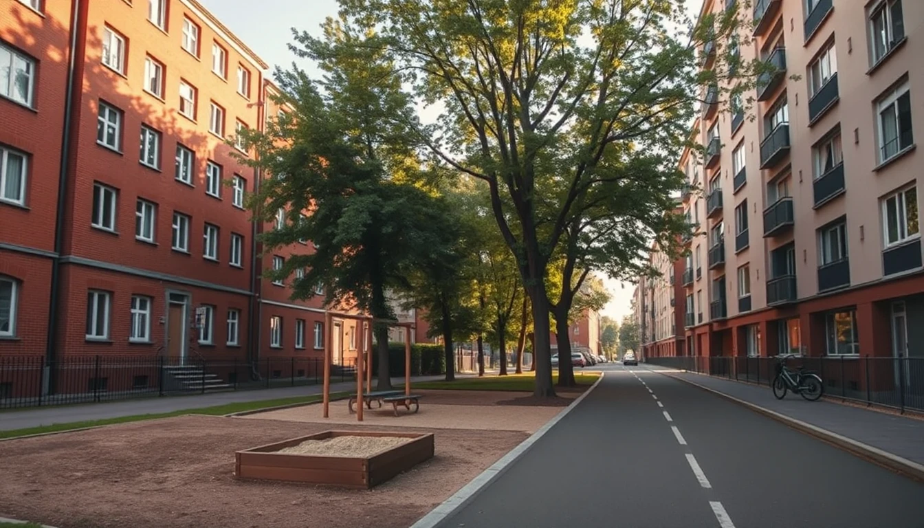 KI-Symbolbild: Ruhige Wohnstraße mit Backsteinhaus, modernem Wohnblock, Sandkasten mit Spielgerät unter Bäumen und einem Radweg im warmen Nachmittagslicht.