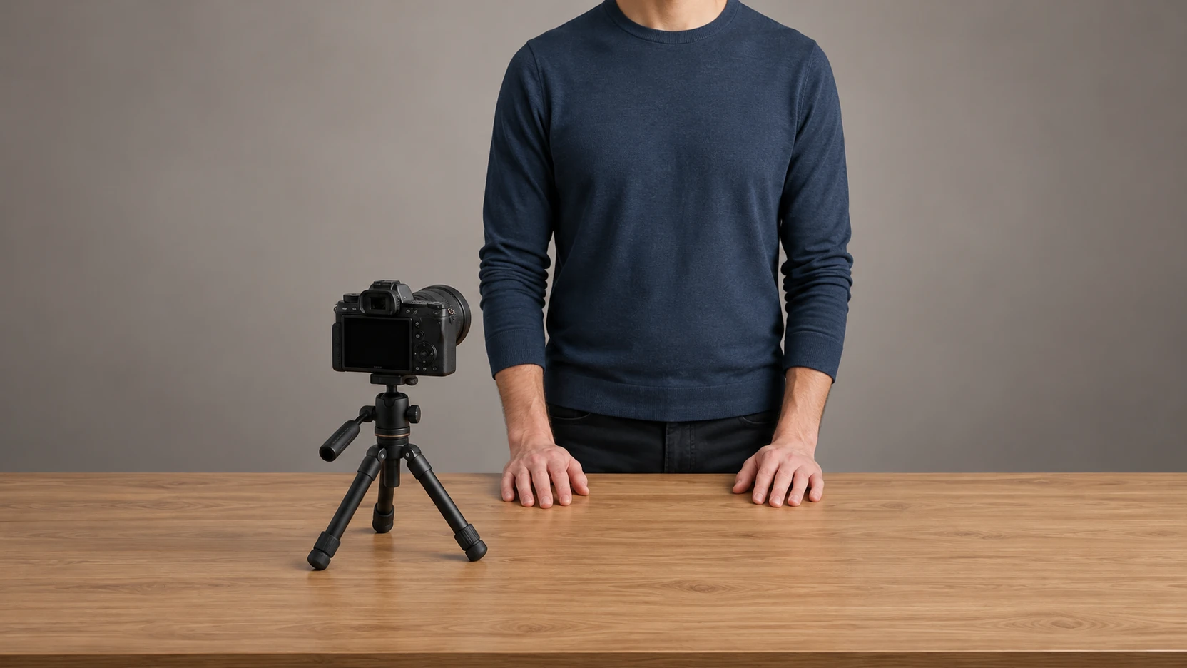 KI-Symbolbild: Gesichtsfrei gezeigte Person mit entspannt auf einem Holztisch ruhenden Händen neben einer kompakten Kamera im Aufnahmestudio.