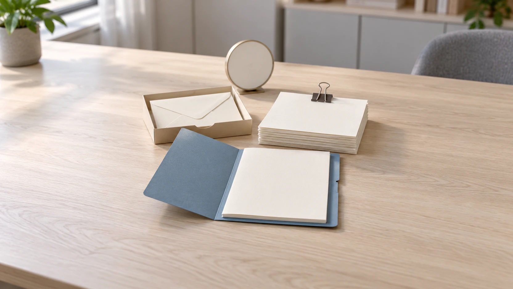 KI-Symbolbild: Ein unbedruckter Umschlag in einer kleinen Eingangsschale, eine offene blaue Vorgangsmappe und ein mit Metallklammer gesichertes Dossier stehen eng auf einem hellen Bürotisch.