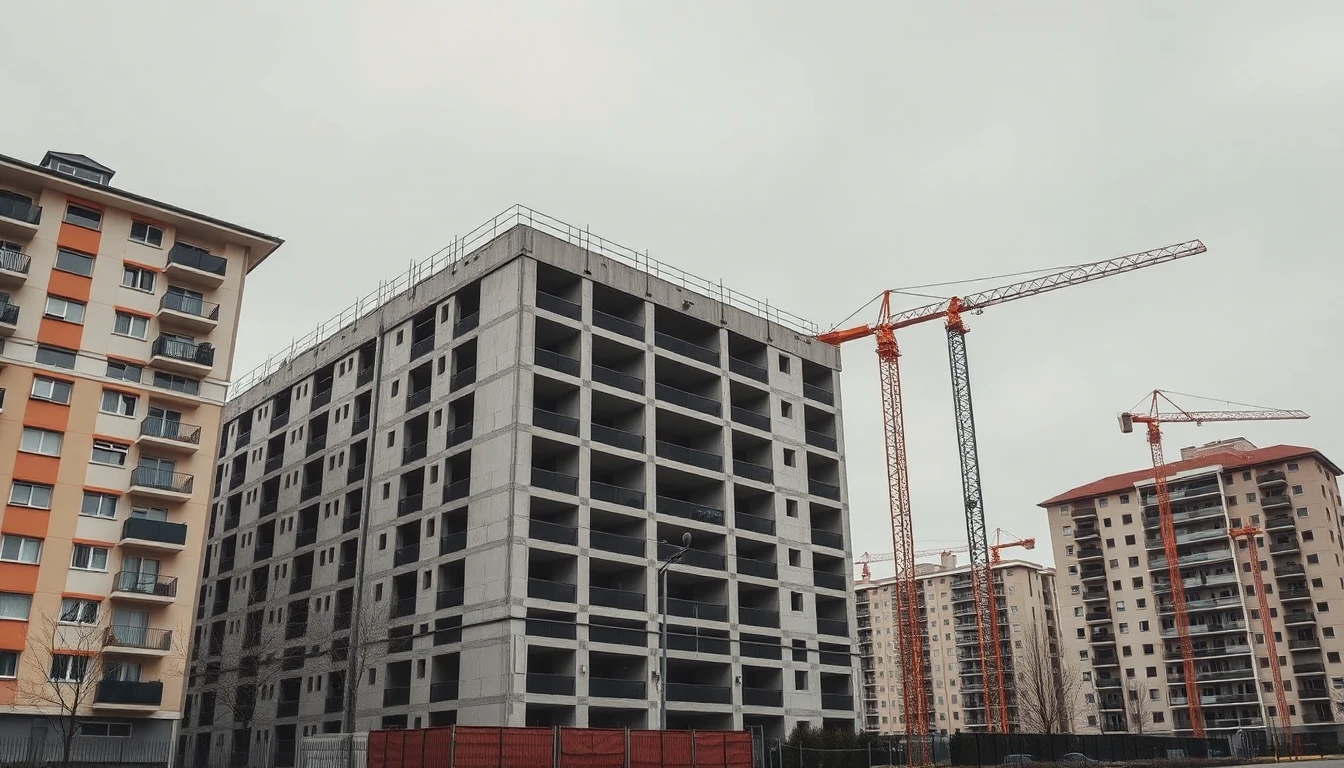 KI-Symbolbild: Betonrohbau eines Wohnhauses zwischen fertigen Wohngebäuden, daneben mehrere Baukräne unter bedecktem Himmel.