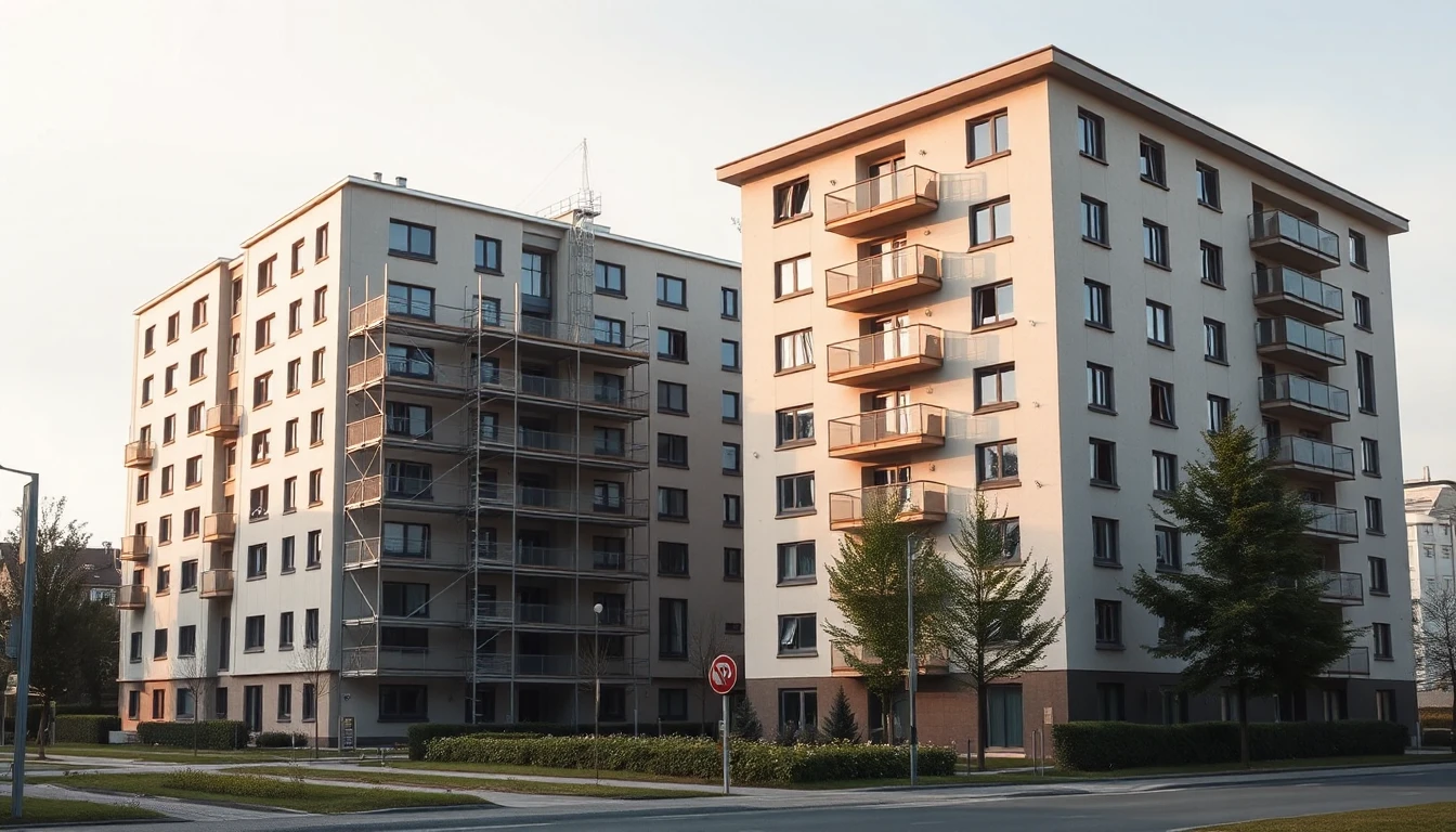 KI-Symbolbild: Zwei Wohnhäuser in einer Vorstadt, links eines mit Baugerüst, rechts ein fertiges mit Balkonen, im weichen Tageslicht.