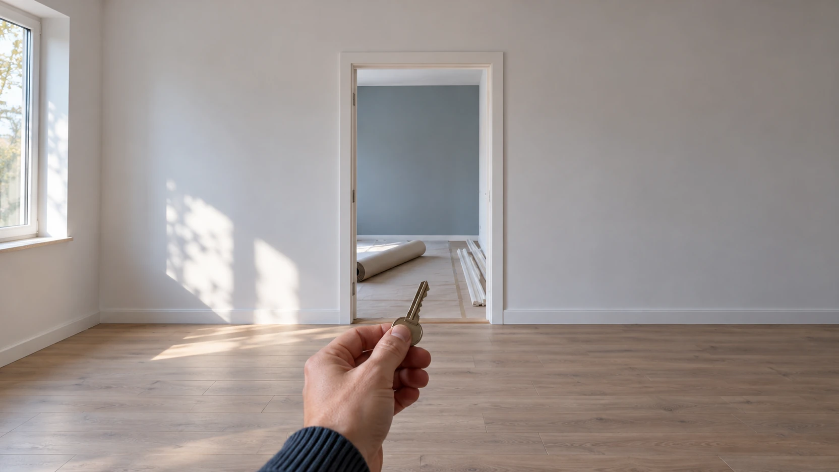 KI-Symbolbild: Ein leeres Zimmer enthält noch Baustellenschutz und abgenommene Leisten; ein Schlüssel wird zurückgehalten.