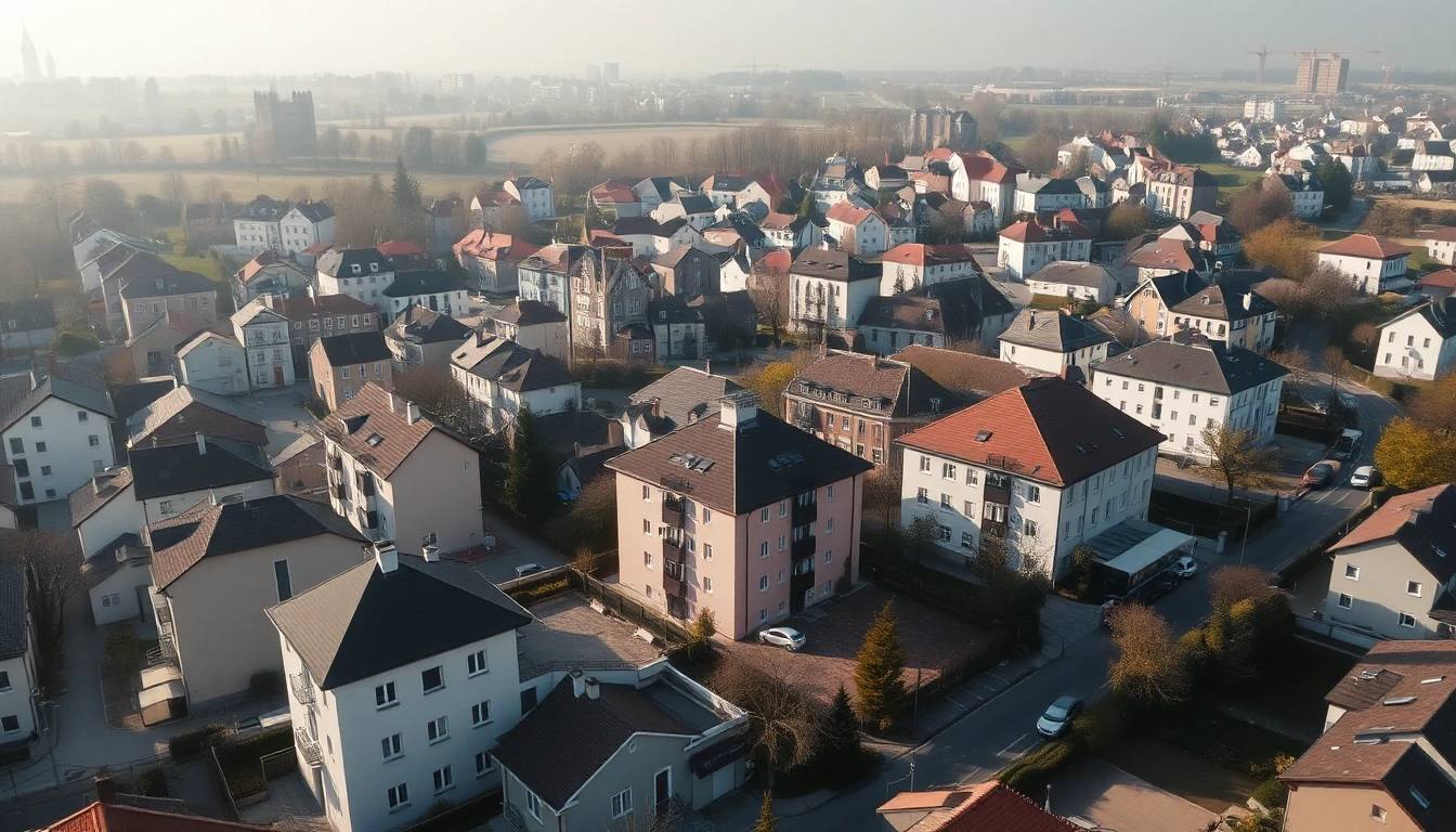 KI-Symbolbild: Luftaufnahme einer wachsenden Kleinstadt mit älteren Häusern, Mehrfamilienhäusern und Baukränen am Ortsrand im diesigen Tageslicht.