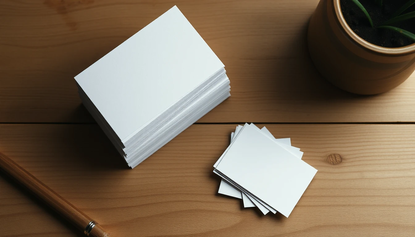 KI-Symbolbild: Von oben gesehen liegt ein Stapel leerer weißer Karten auf einem Holztisch, daneben ein kleiner separater Kartenhaufen, ein Stift und ein Pflanzentopf.