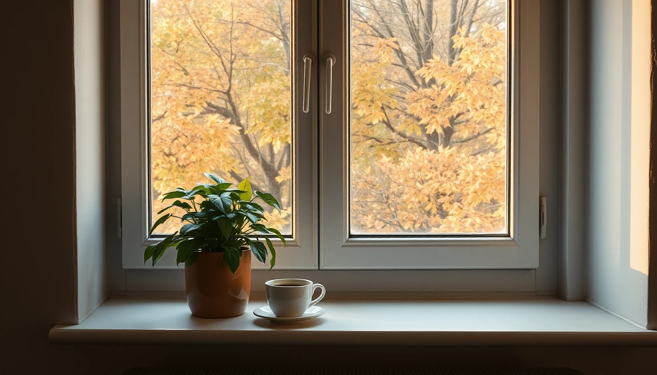 KI-Symbolbild: Auf einer Fensterbank stehen eine Zimmerpflanze und eine Tasse mit Untertasse vor einem Fenster mit gelb gefärbten Herbstbäumen.