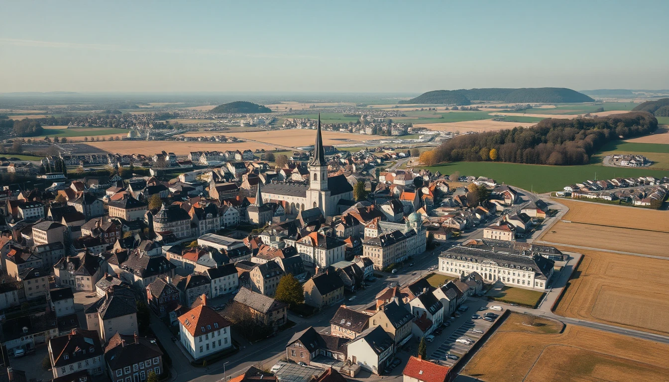 KI-Symbolbild: Luftaufnahme einer Kleinstadt mit historischem Kern und Kirchturm, Neubausiedlungen am Rand und Feldern im Abendlicht.