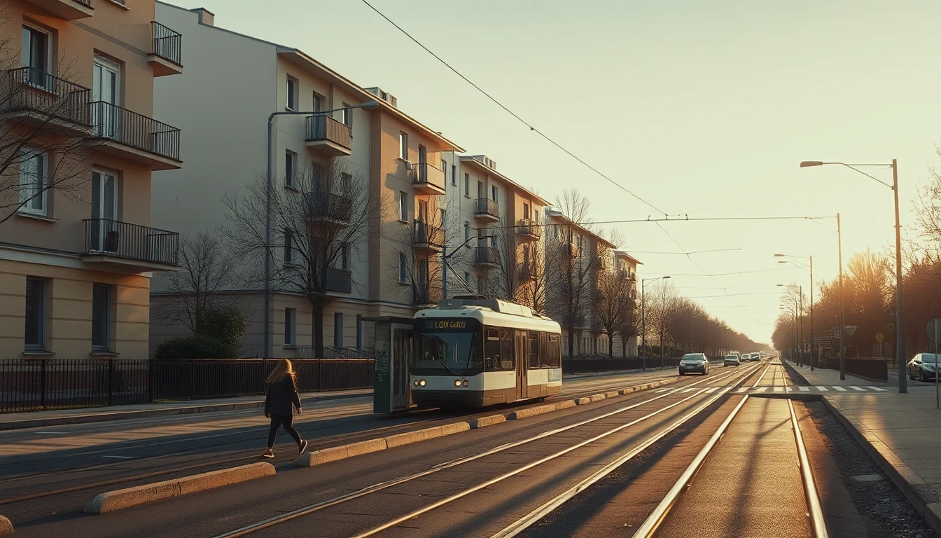 KI-Symbolbild: Eine Straßenbahn hält im goldenen Abendlicht an einer Haltestelle einer Wohnstraße mit mehrgeschossigen Wohnhäusern, eine Passantin geht über die Fahrbahn.