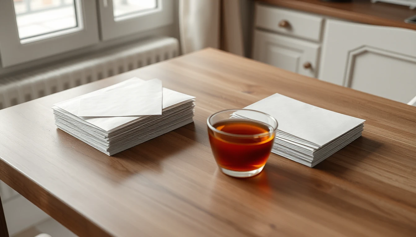 KI-Symbolbild: Auf einem Holztisch in einer Küche liegen zwei getrennte Stapel schlichter weißer Umschläge, dazwischen steht ein Glas Tee.
