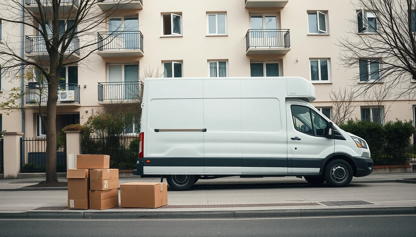 KI-Symbolbild: Ein weißer Transporter parkt vor einem mehrstöckigen Wohnhaus, auf dem Gehweg davor stehen mehrere Pappkartons.