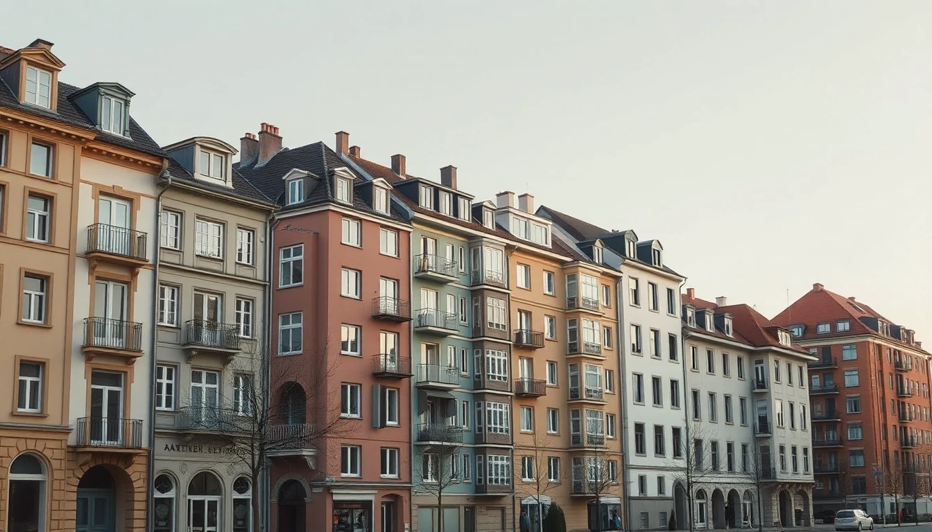 KI-Symbolbild: Eine Reihe unterschiedlich gestalteter Mehrfamilienhäuser in Pastell- und Ziegeltönen mit Balkonen und Dachgauben steht entlang einer Stadtstraße.