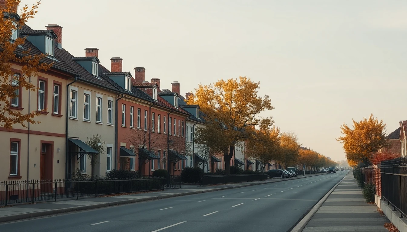 KI-Symbolbild: Lange Reihe ähnlicher Stadthäuser mit Dachgauben an einer ruhigen Straße, davor Herbstbäume im weichen Licht.