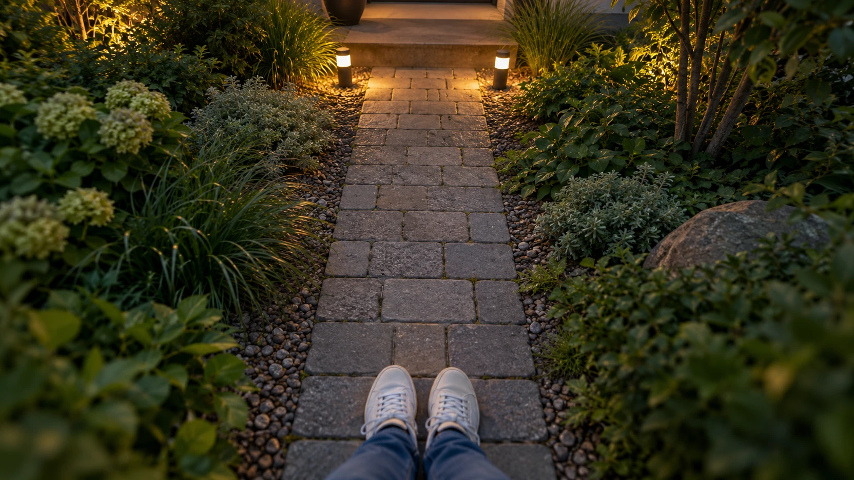 KI-Symbolbild: Schuhe einer gehenden Person auf einem beleuchteten gewöhnlichen Wohnweg in der Dämmerung.
