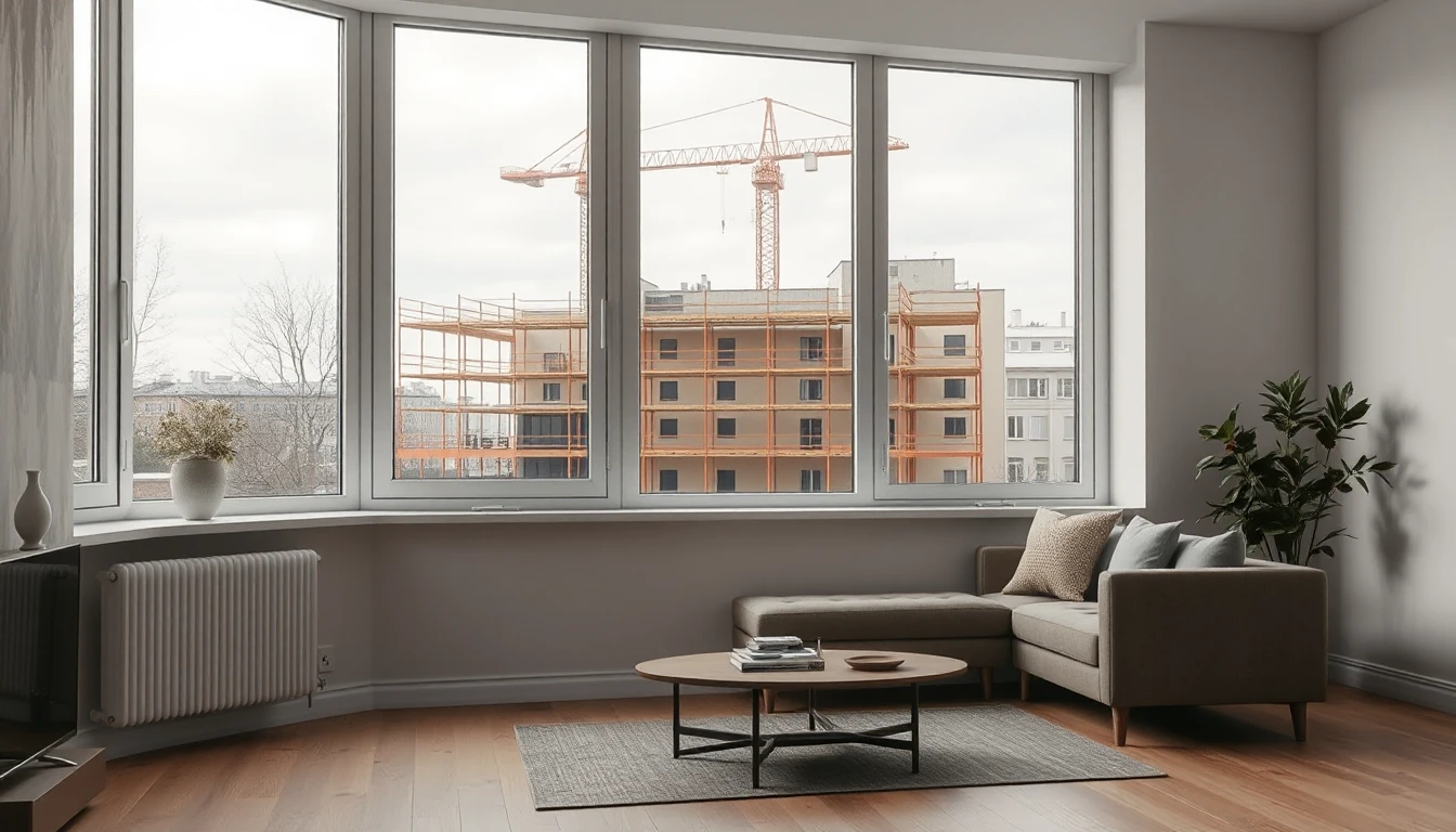 KI-Symbolbild: Helles Wohnzimmer mit Sofa und großer Fensterfront, durch die ein Rohbau mit orangem Gerüst und ein Baukran zu sehen sind.