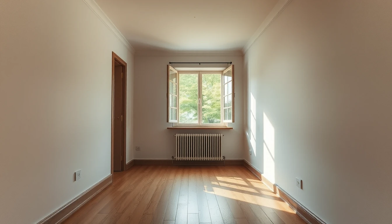 KI-Symbolbild: Leerer Raum einer älteren Wohnung mit Parkettboden, Heizkörper und weit geöffnetem Fenster, durch das Tageslicht und Laub zu sehen sind.