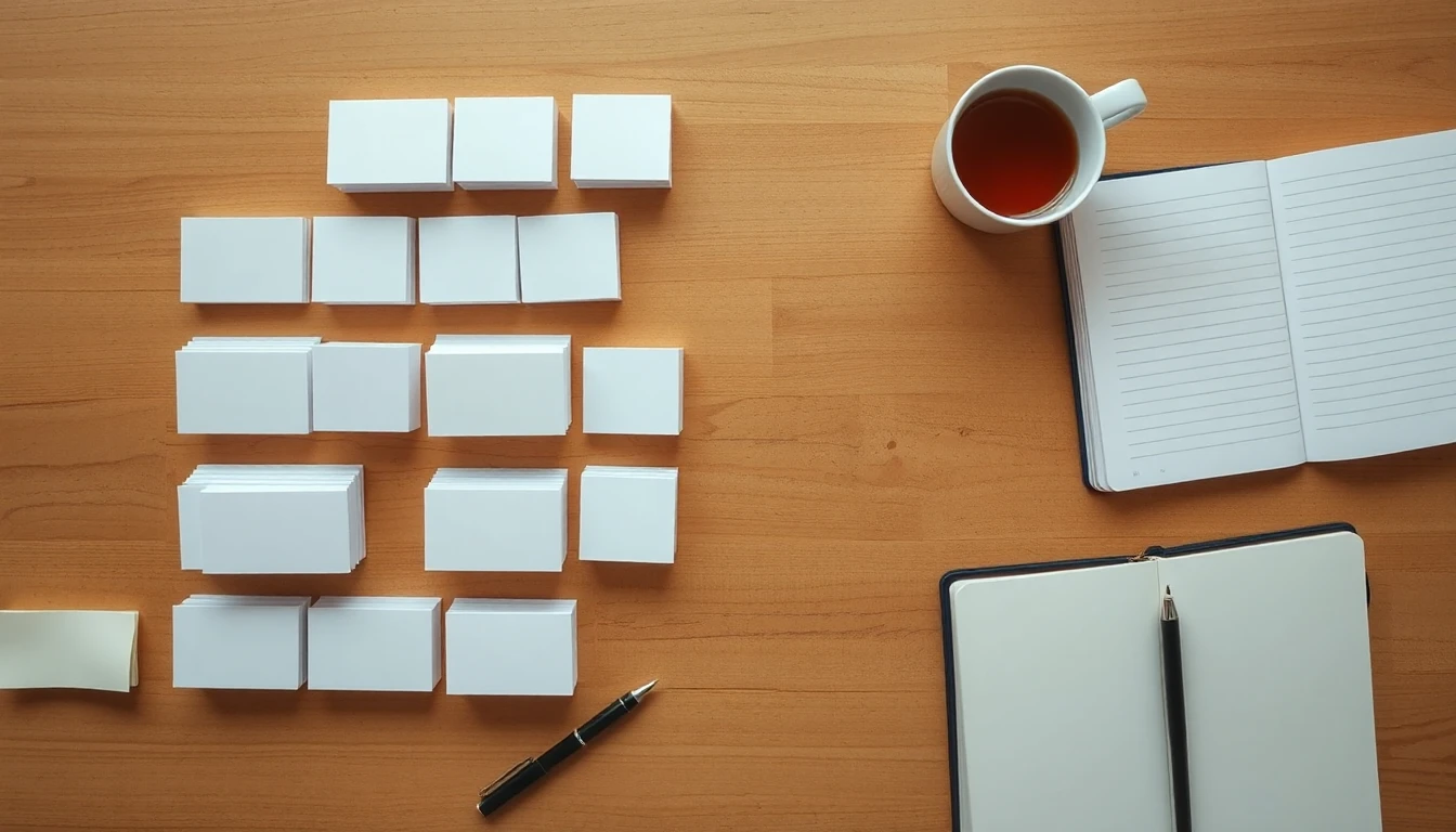 KI-Symbolbild: Weiße Karteikarten in geordneten Gruppen auf einem Holztisch, daneben eine Tasse Tee, ein Stift und aufgeschlagene Notizbücher.