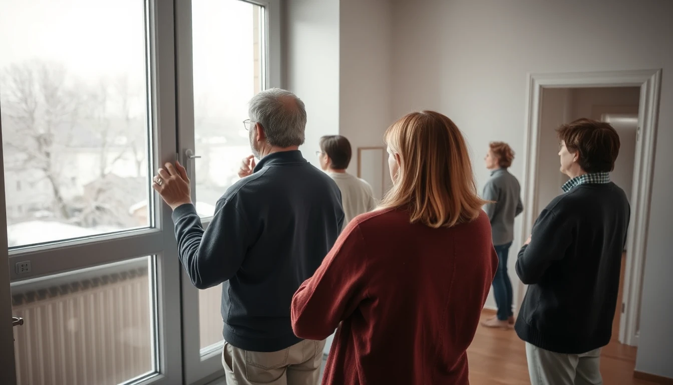 KI-Symbolbild: Mehrere Erwachsene besichtigen eine leere Wohnung, im Vordergrund prueft ein Mann mit der Hand den Rahmen eines Fensters.