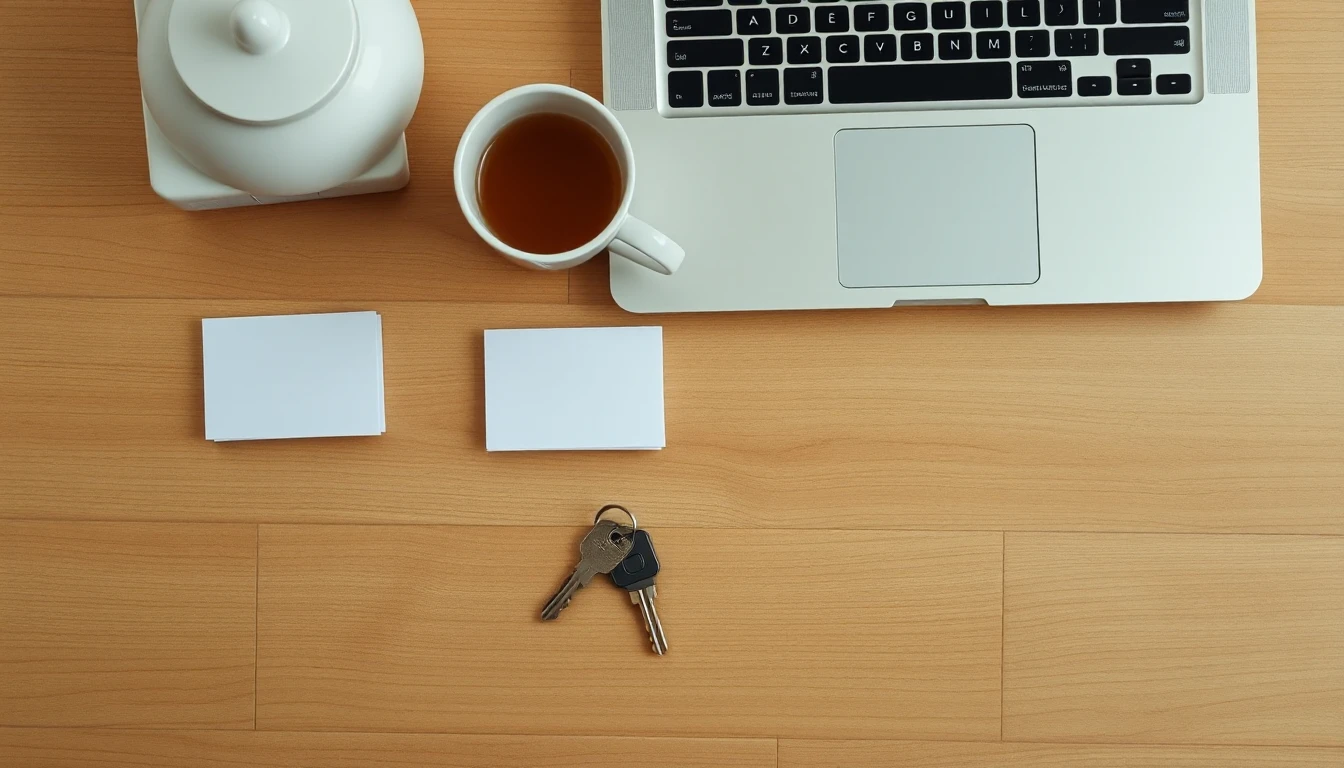 KI-Symbolbild: Holztisch von oben mit zwei kleinen Stapeln weißer Karten, einer Tasse Tee, einem Schlüsselbund, einem Laptop und einer Teekanne.