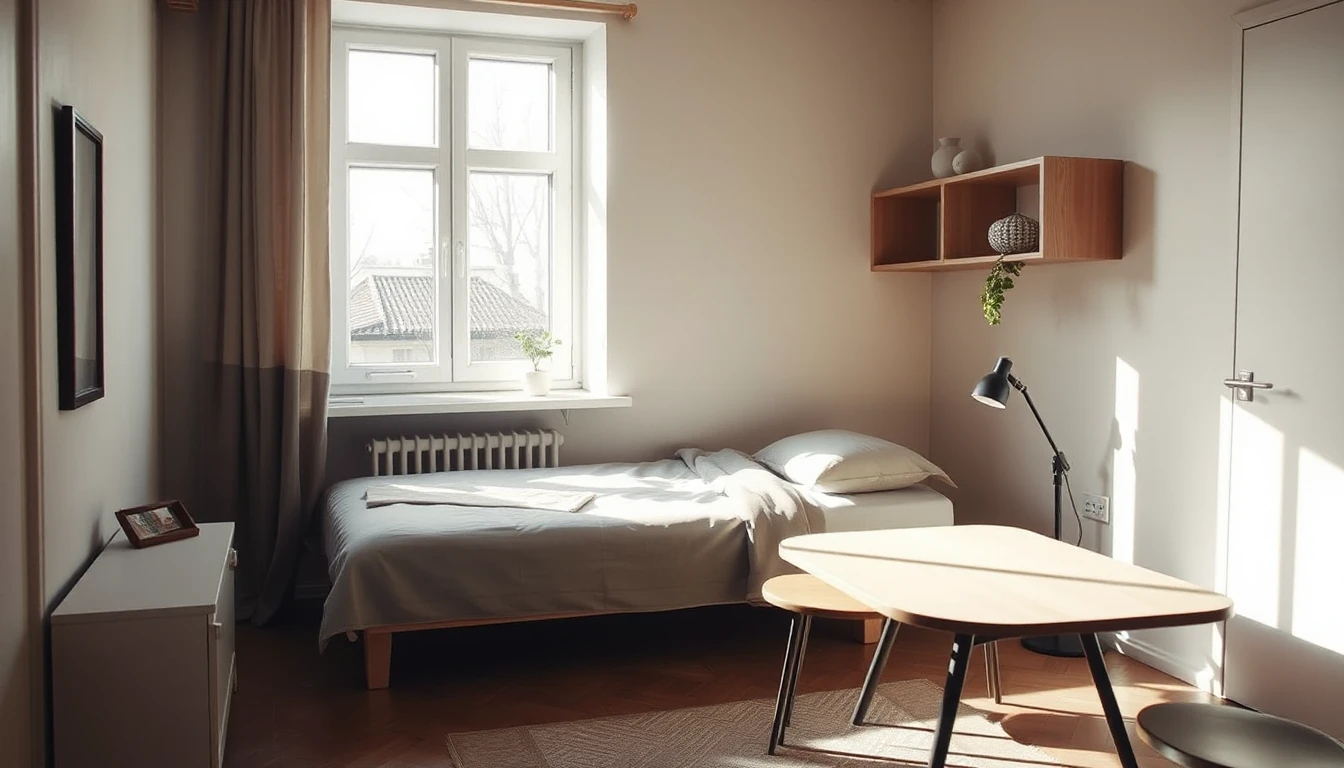KI-Symbolbild: Schlicht möbliertes Zimmer mit Bett unter einem hellen Fenster, Holztisch, Stehlampe und Wandregal im Tageslicht.