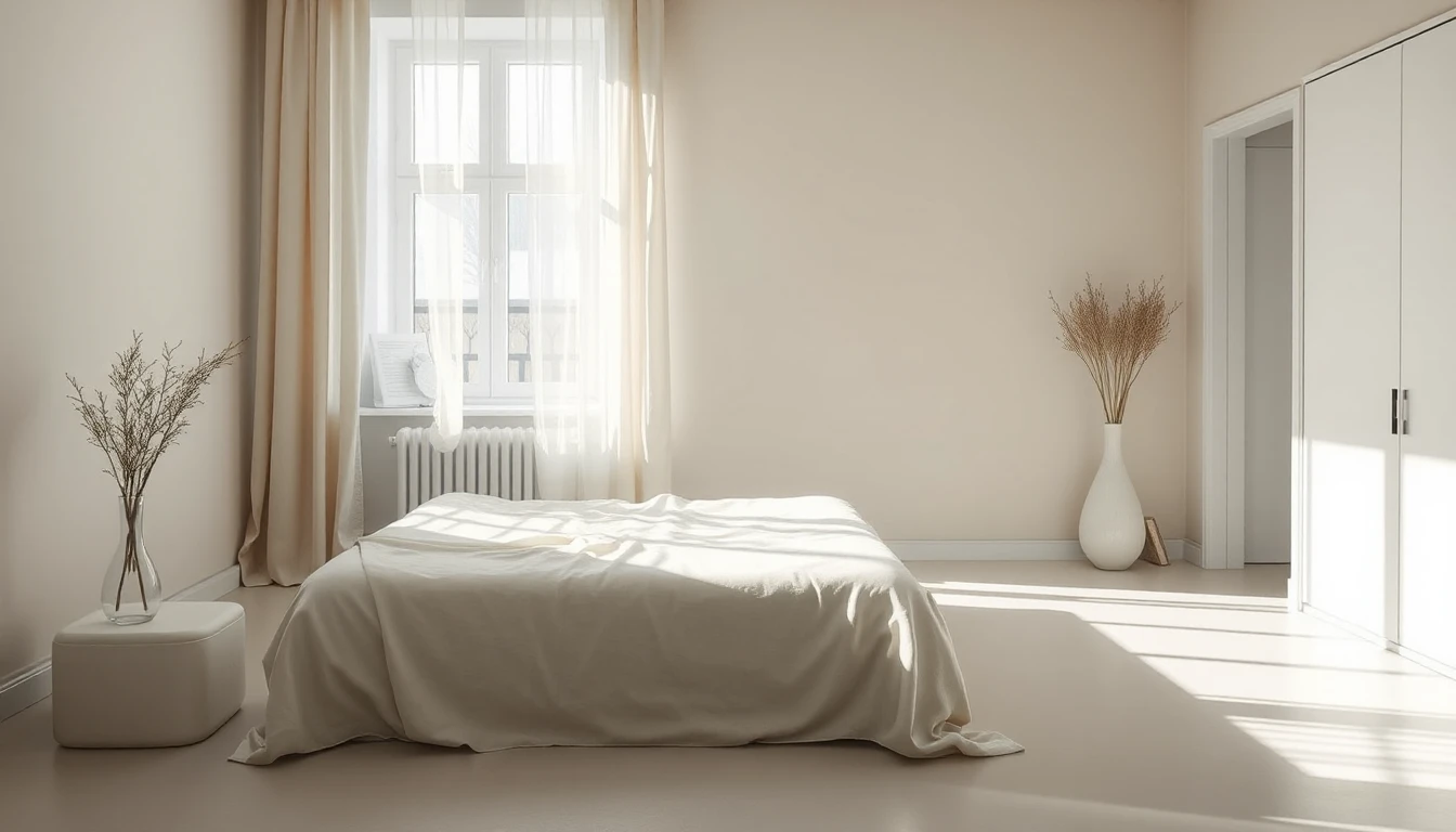 KI-Symbolbild: Helles, schlicht eingerichtetes Schlafzimmer mit glattem Boden, hellen Vorhängen, einem Bett mit heller Decke und Tageslicht durch das Fenster.