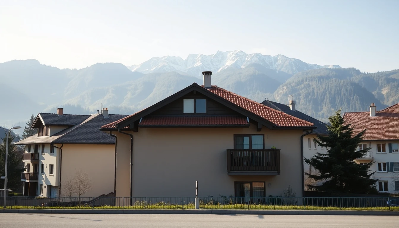 KI-Symbolbild: Ein Wohnhaus mit Holzbalkon vor einer Bergkette mit Schnee auf den Gipfeln an einem klaren Morgen.