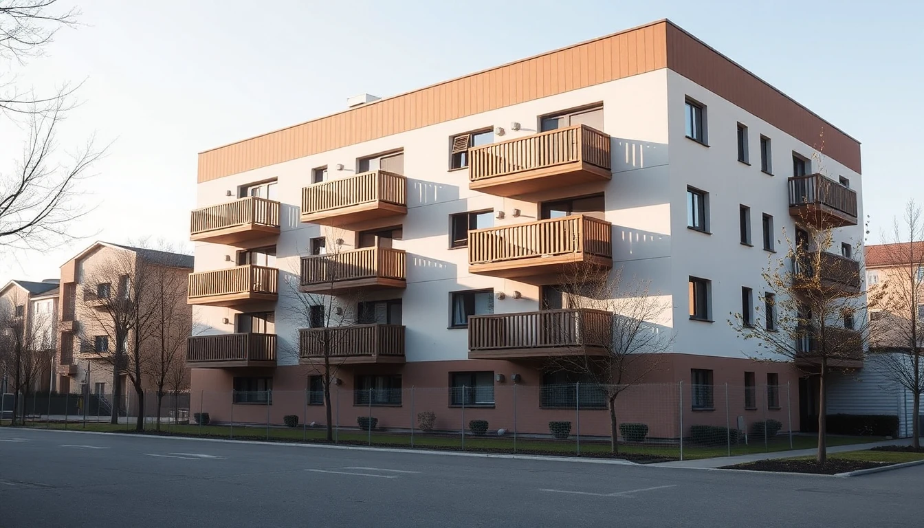 KI-Symbolbild: Ein neues Wohnhaus mit Holzbalkonen, davor ein junger Garten und ein Bauzaun im Morgenlicht.