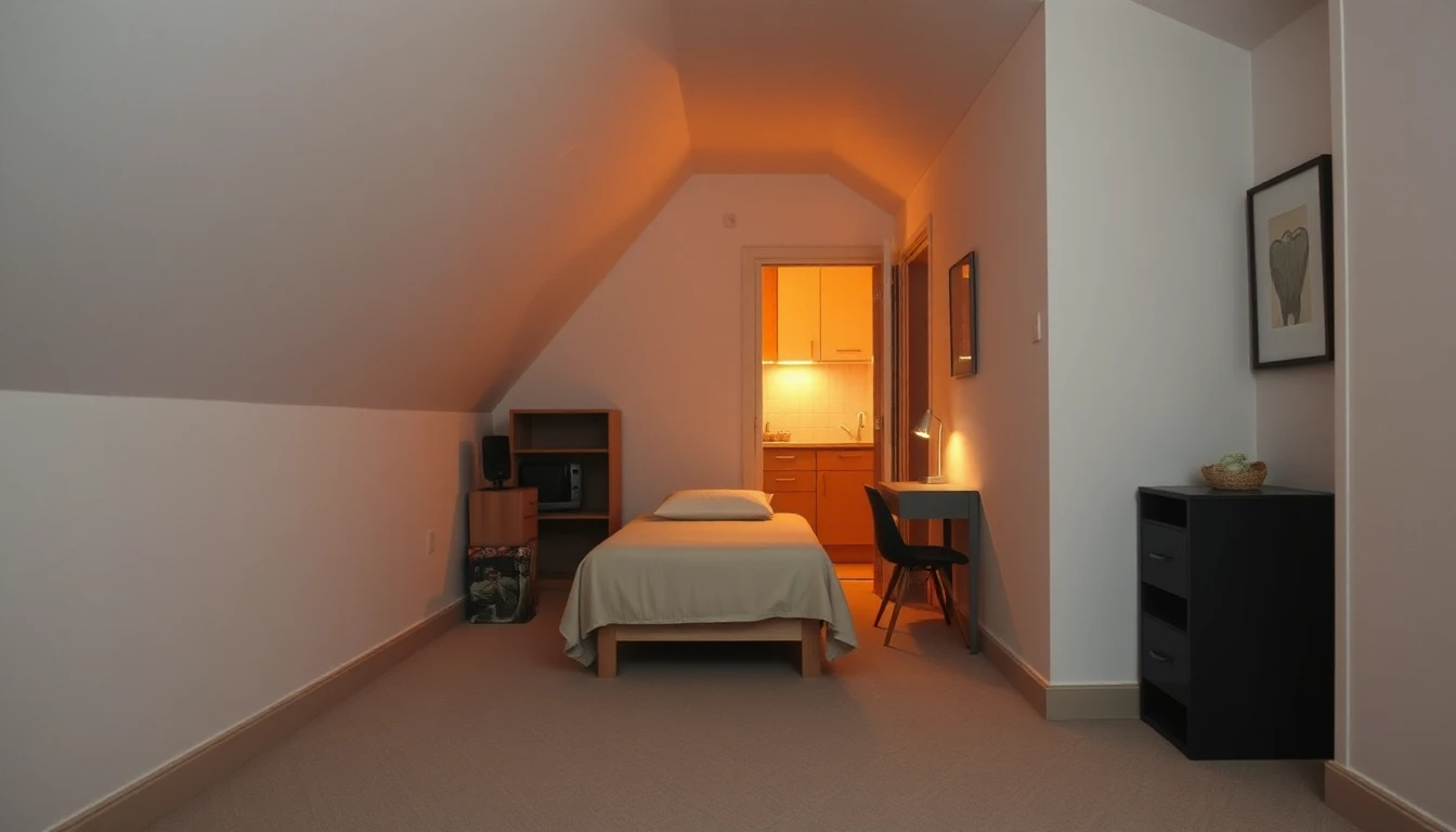 KI-Symbolbild: Ein schmales möbliertes Dachzimmer mit Einzelbett und Schreibtisch, durch die Tür eine beleuchtete Küche.