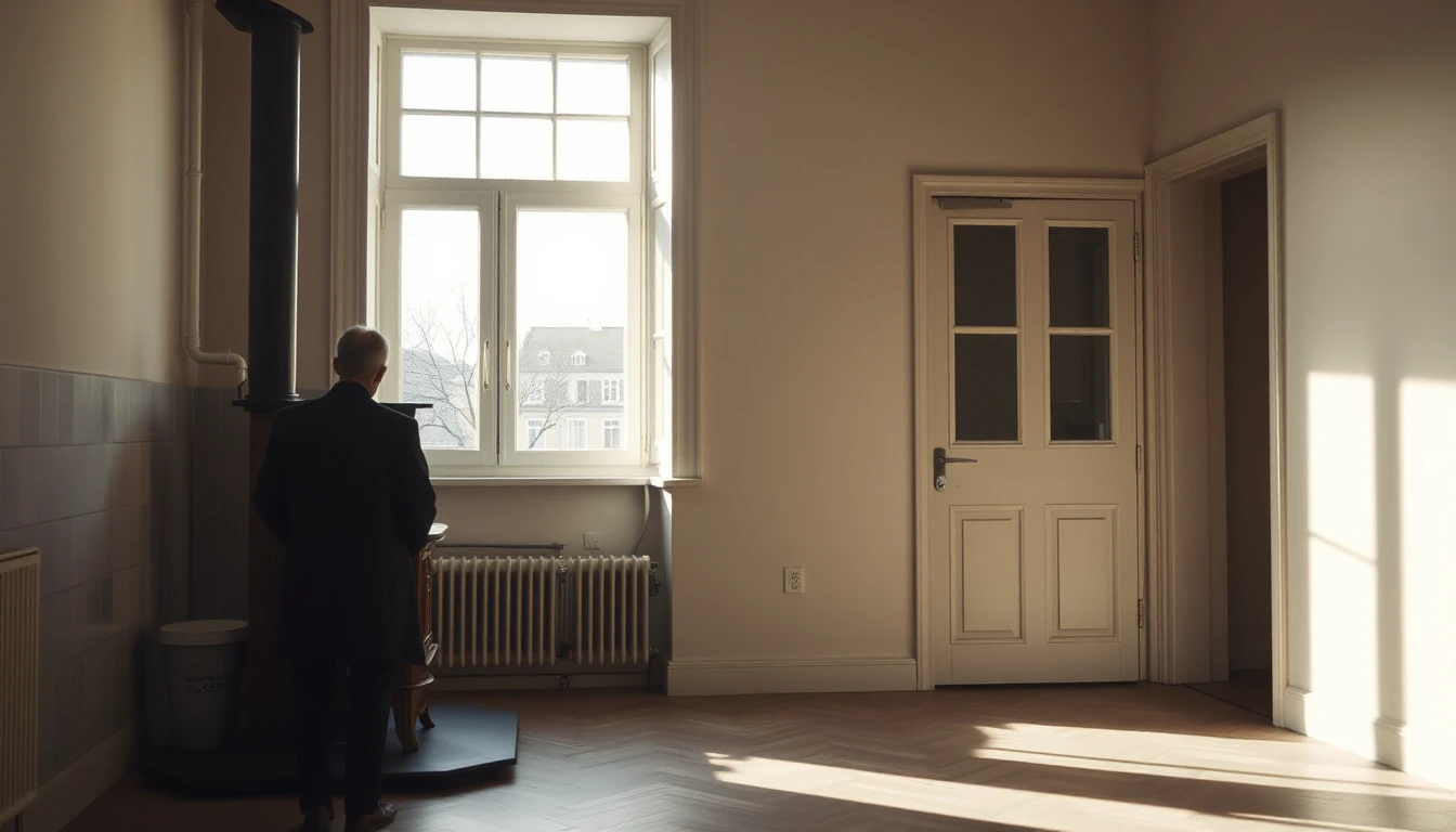 KI-Symbolbild: Eine Person von hinten in einem hohen Altbauzimmer mit Ofen, Heizkörper und Kastenfenster im Winterlicht.