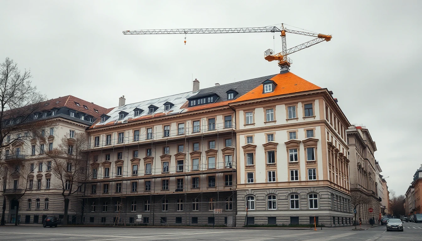 KI-Symbolbild: Ein großes Altbau-Wohnhaus, teils eingerüstet und teils frisch saniert, mit neuem Dach und Baukran unter bewölktem Himmel.