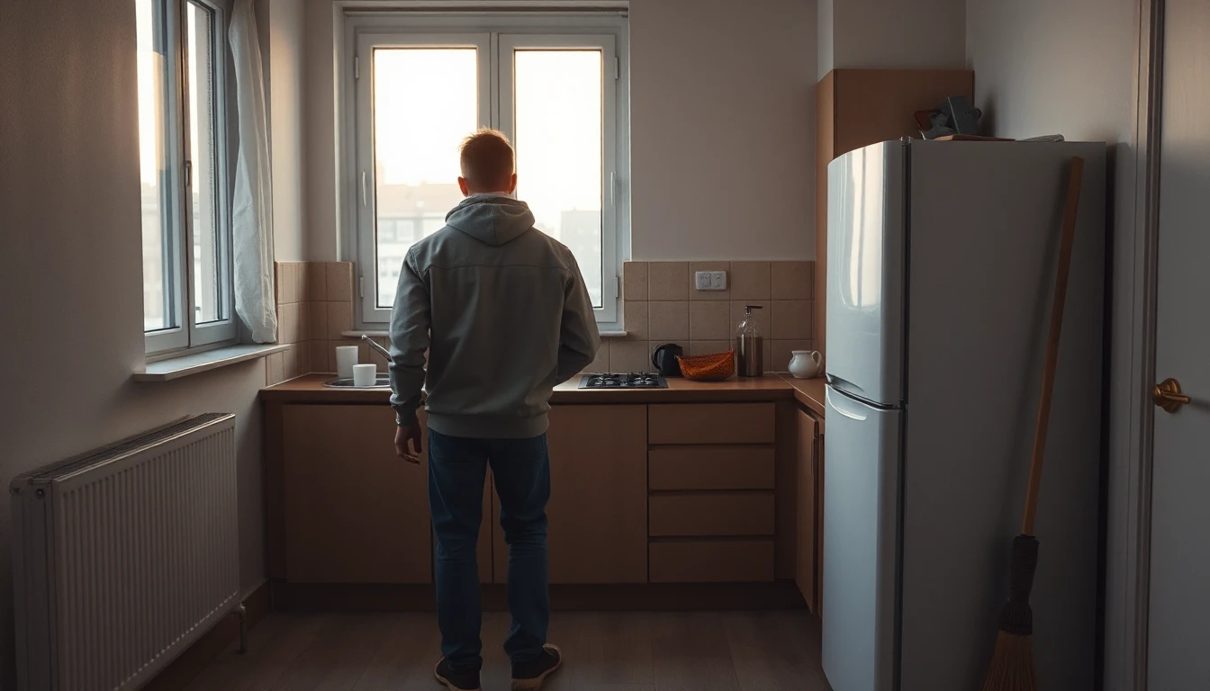 KI-Symbolbild: Eine Person von hinten in einer Gemeinschaftsküche mit Tassen an der Spüle und einem Besen neben dem Kühlschrank.