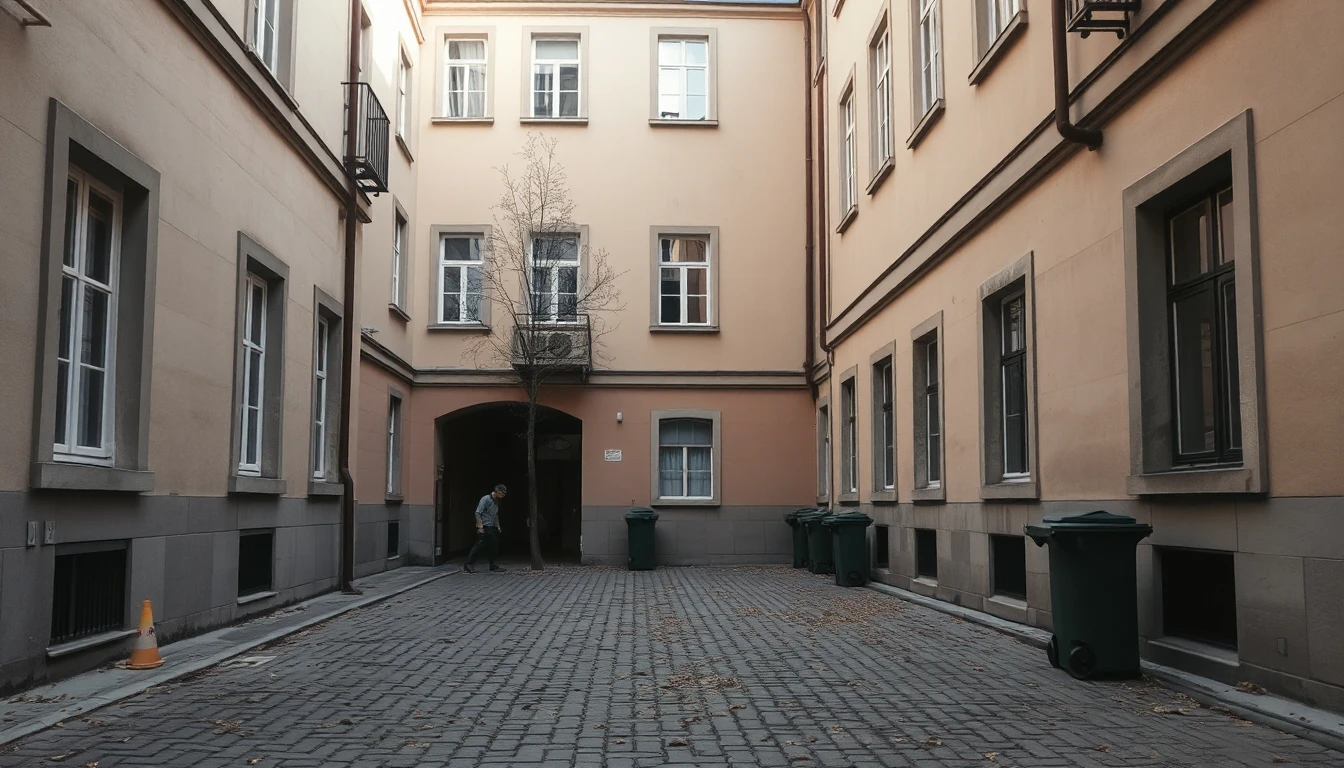 KI-Symbolbild: Ein gepflasterter Innenhof eines Altbaus mit Mülltonnen an der Durchfahrt und einer Person klein im Hintergrund.